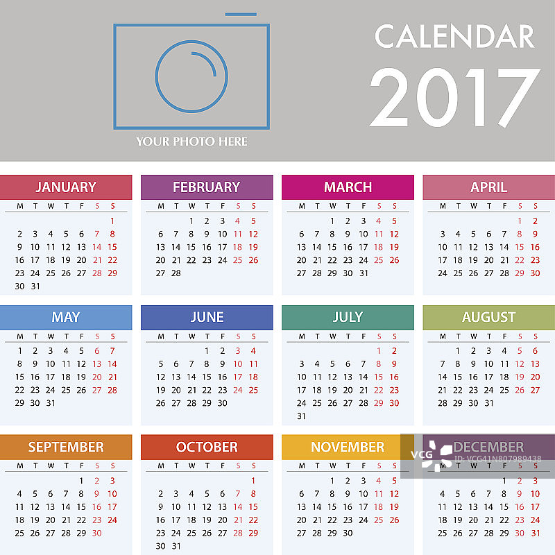 2017年白底日历。一周星期一图片素材