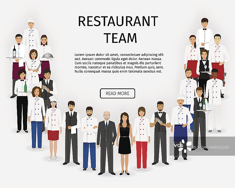 酒店餐饮团队。一组餐饮服务人物站在统一的位置。餐饮服务人员网站横幅。图片素材