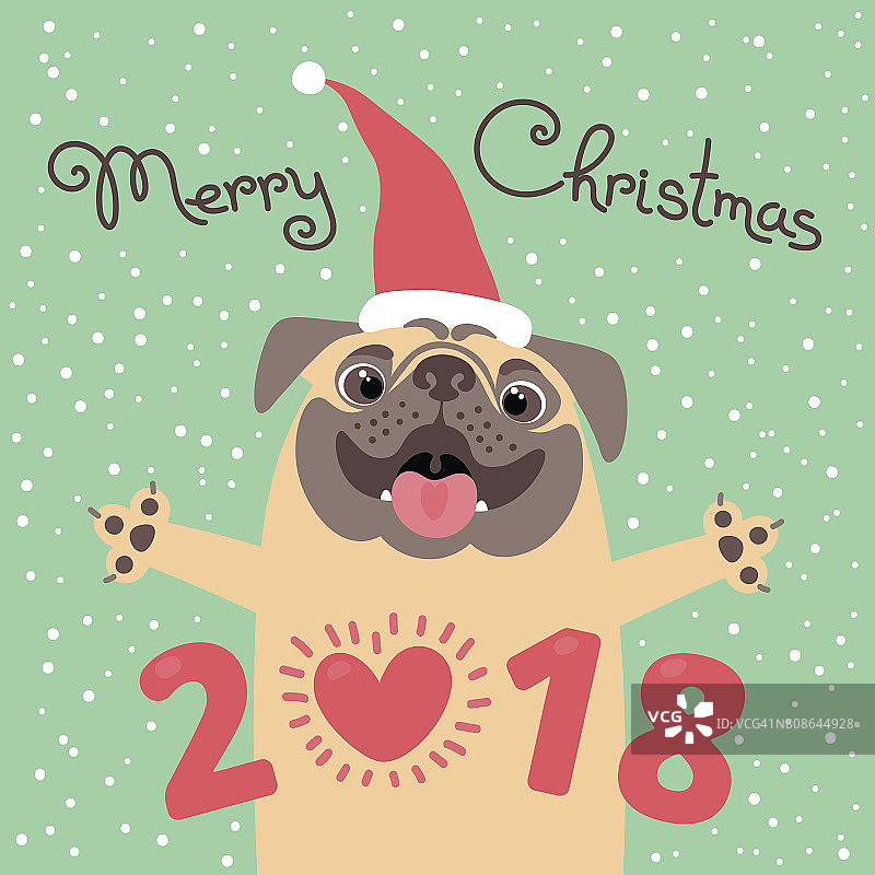 2018年有狗的圣诞贺卡。滑稽的哈巴狗恭贺节日。卡通风格的彩色明信片图片素材