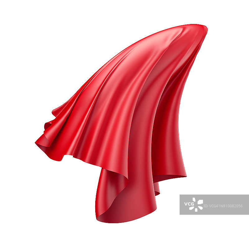 3d渲染，数字插图，抽象折叠布，飞行，下降，翱翔的织物，揭开，红色窗帘，纺织品覆盖，孤立在白色背景图片素材