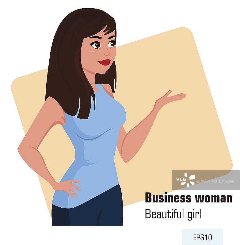年轻的卡通商业女性在办公室风格的服装显示。美丽的黑发女商人。等距投影-存量向量图片素材