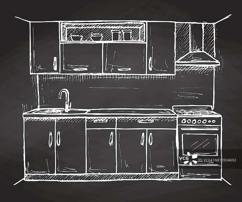 手绘现代厨房家具。矢量插图在素描风格图片素材