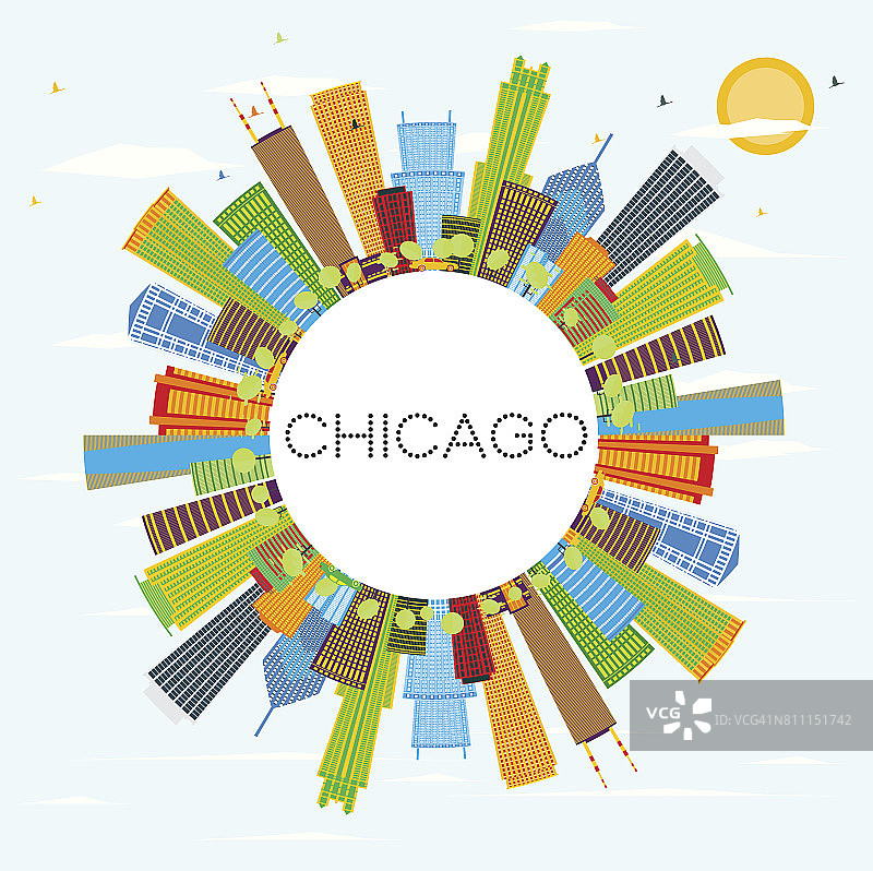 芝加哥天际线与彩色建筑和复制空间。图片素材