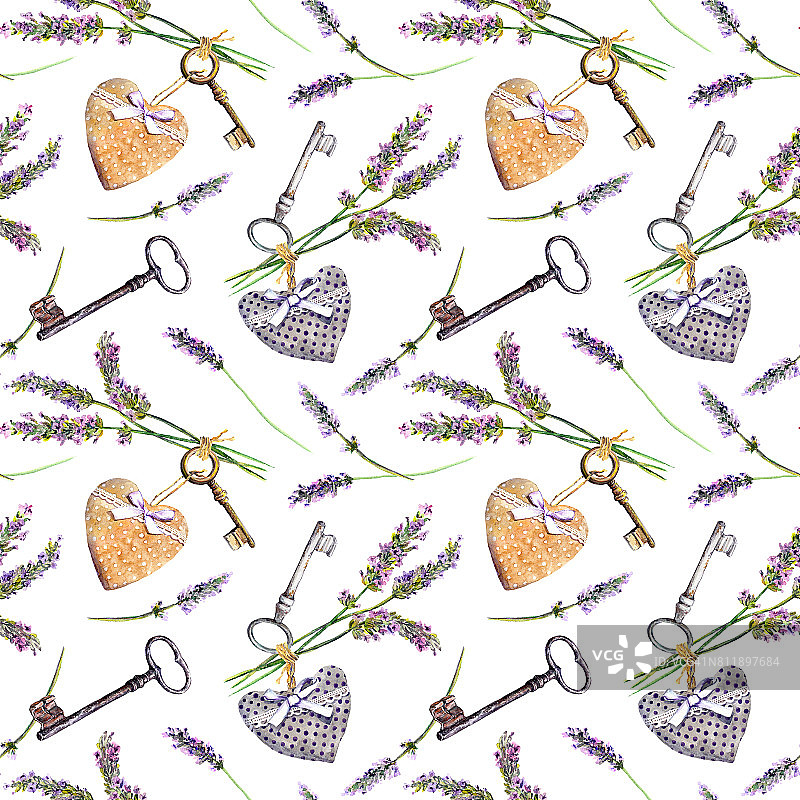 普罗旺斯的背景-薰衣草花，旧钥匙，纺织心。无缝模式，普罗旺斯乡村风格。水彩图片素材