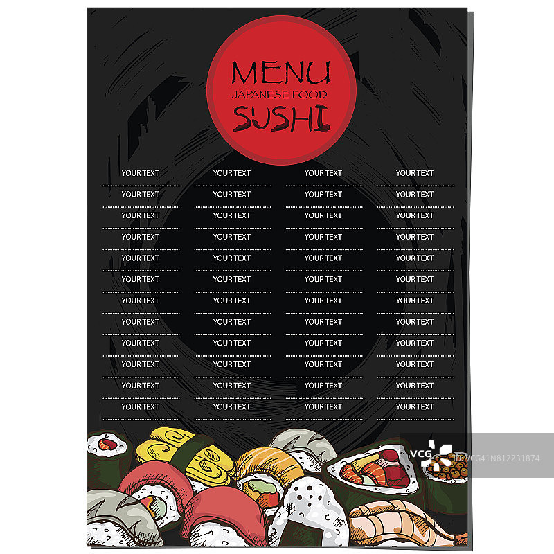 菜单日式料理餐厅模板设计手绘图形。图片素材