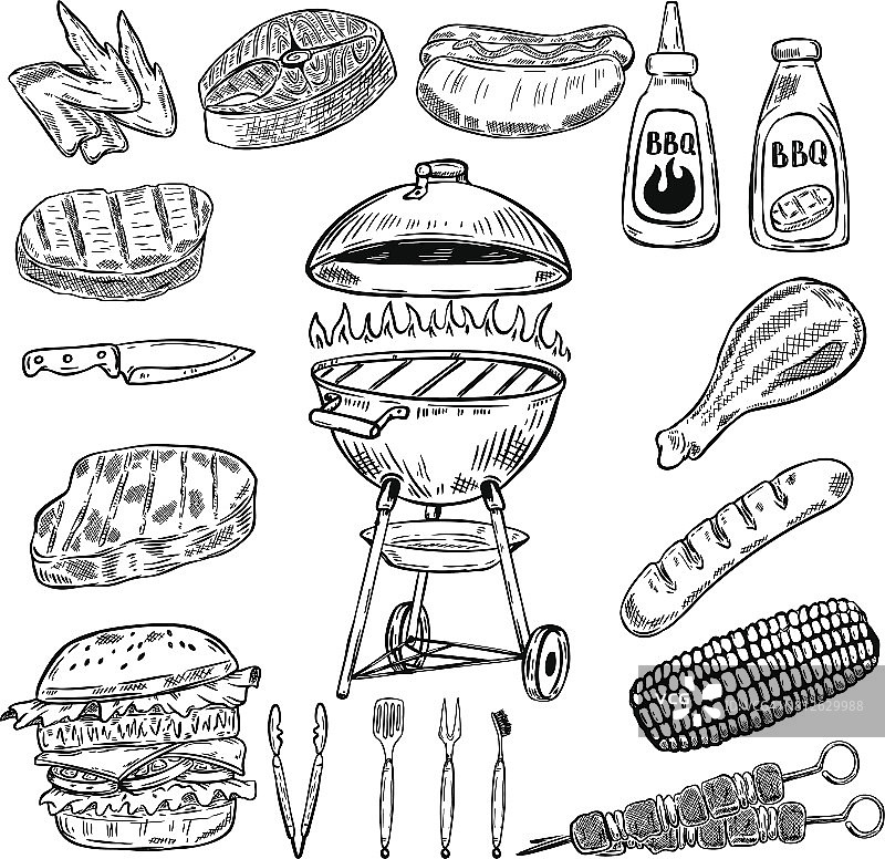 一套手绘烧烤和烧烤设计元素。海报元素，餐厅菜单。矢量图图片素材