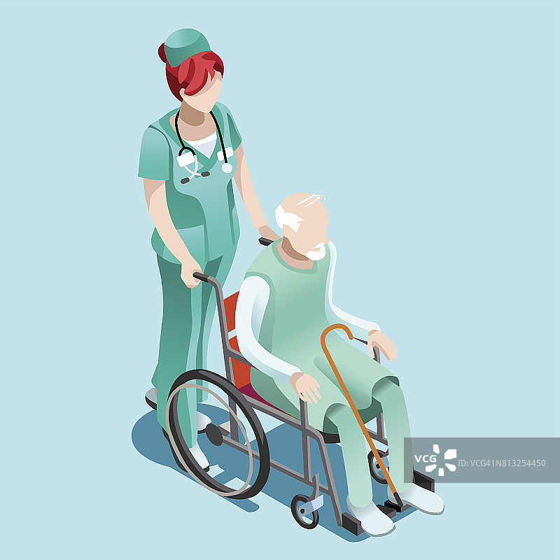 轮椅等长患者的女性护士和患者图片素材