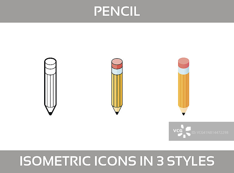 简单的矢量图标的经典铅笔在三种风格。等距、平面和线条艺术图标。图片素材