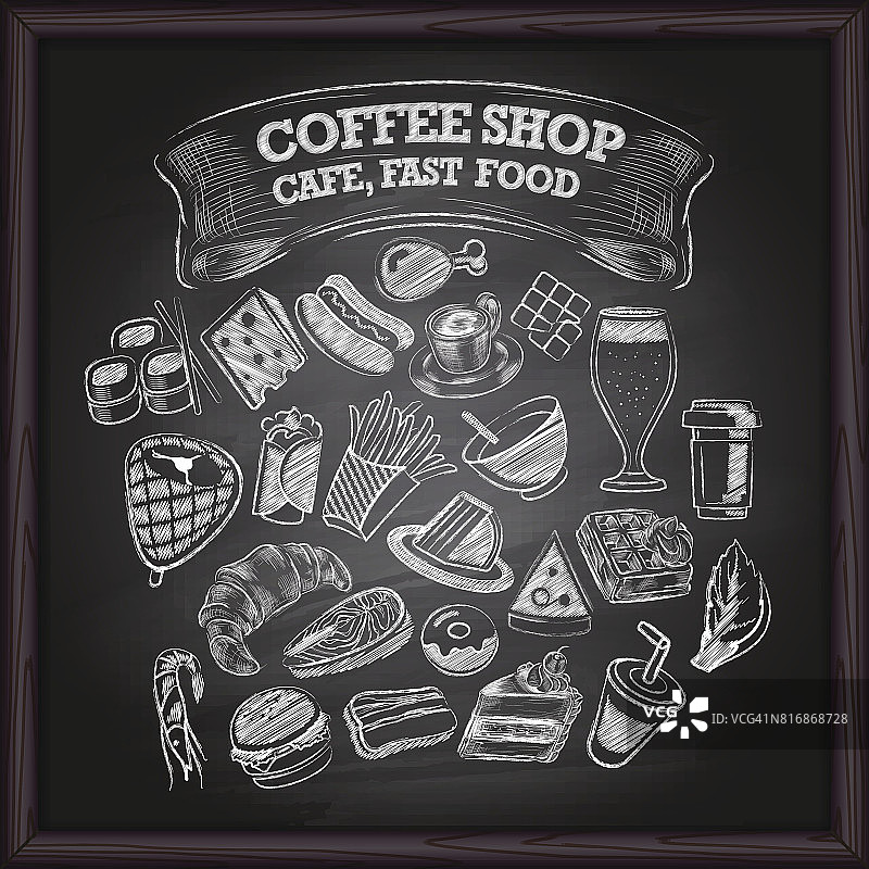 黑板上的咖啡馆和快餐图标图片素材