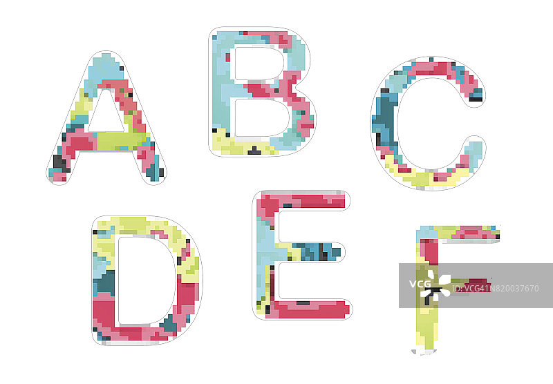 一套创意字母字体a, b, c, d, e, f。多层彩色字母。图片素材