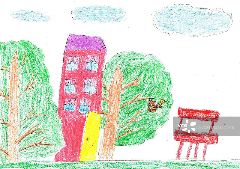 孩子的画。房子，树和长凳图片素材