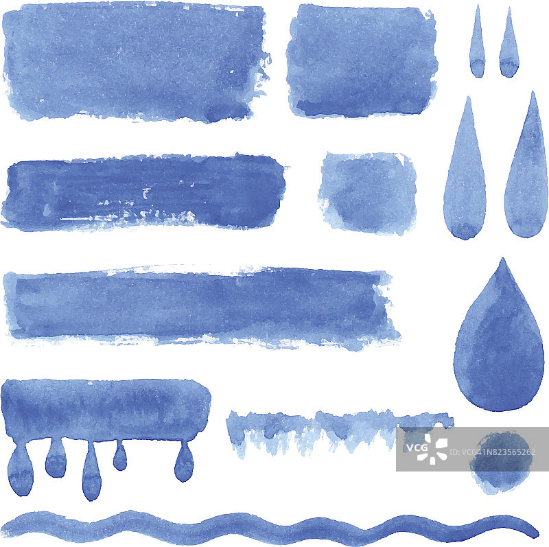 向量集合的自然蓝色水彩标签，形状，下降，矩形上的白色背景。手绘水珠，彩绘污渍集。图片素材
