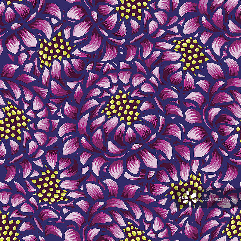花卉手绘复古无缝花卉图案。令人难以置信的紫色花朵。热带无缝图案与异国情调鲜艳的花。奇异的纺织植物设计。夏季设计图片素材