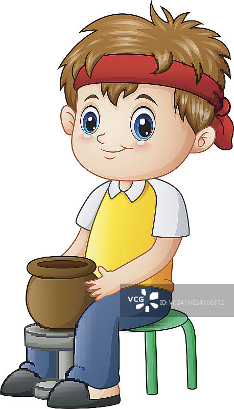 可爱的小男孩陶工做陶罐图片素材