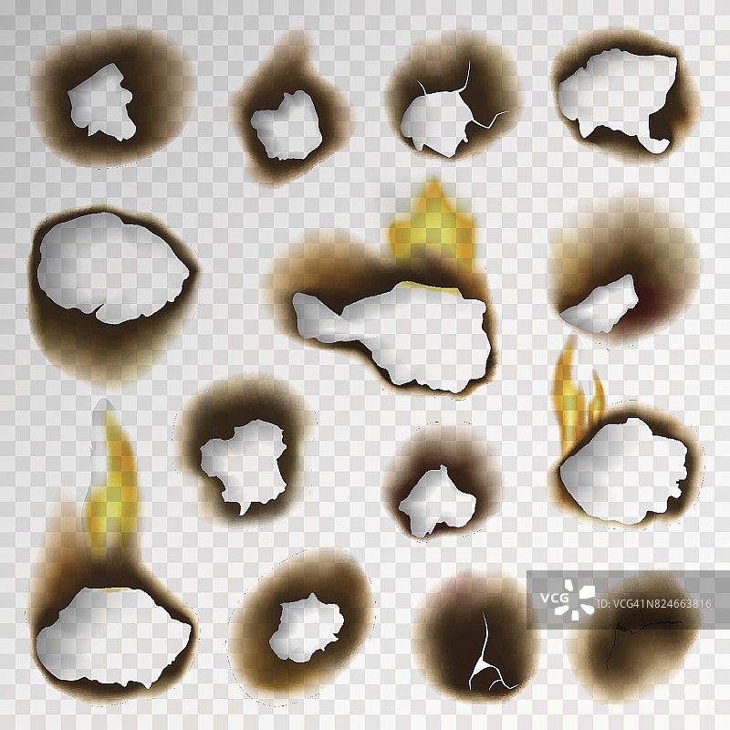 烧焦的片烧焦褪色的纸洞逼真的火火焰孤立的页纸撕裂的灰烬矢量插图图片素材