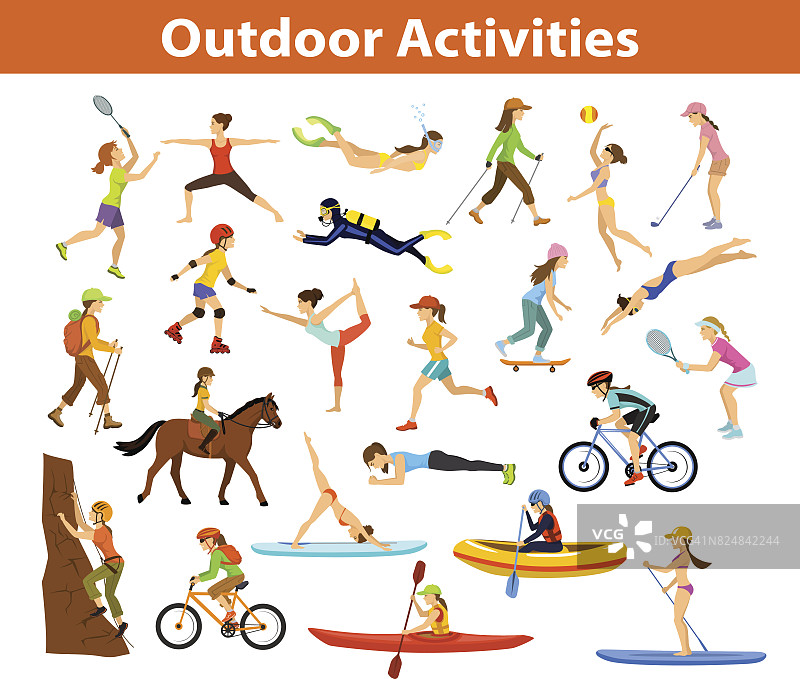 户外，沙滩运动和活动。女人做瑜伽，跑步，骑自行车，骑山地车和背包旅行，划桨，皮划艇，爬山，漂流，徒步旅行，打网球，高尔夫和羽毛球，浮潜，水肺潜水游泳图片素材