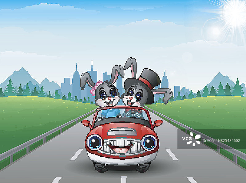 夫妻兔子卡通驾驶一辆以城市为背景的汽车图片素材