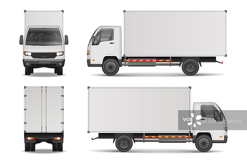 白色逼真的货运卡车。卡车广告侧，前，后视图孤立的白色背景。交付货车矢量插图模型图片素材
