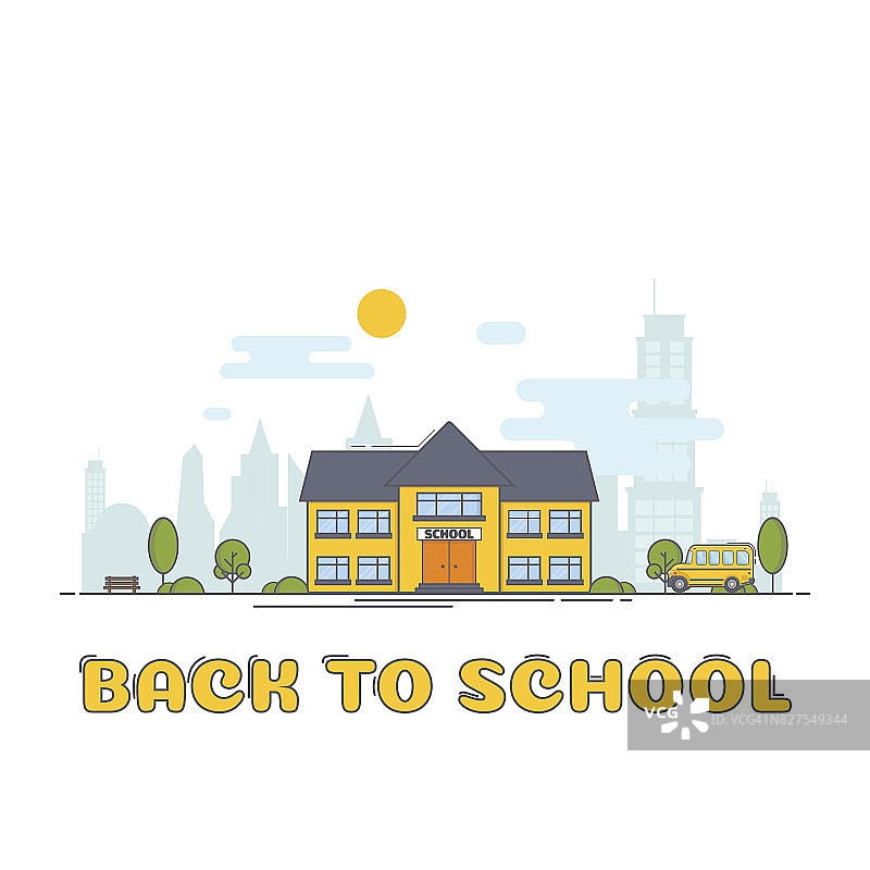明亮的平面插图的学校建筑和文字回学校图片素材
