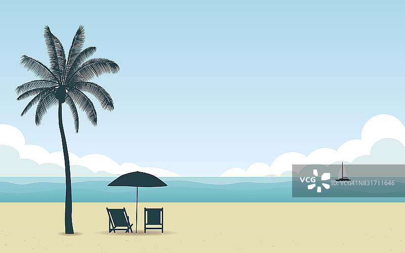 剪影棕榈树和雨伞与椅子在海滩中午与蓝色的天空在平面图标设计背景图片素材