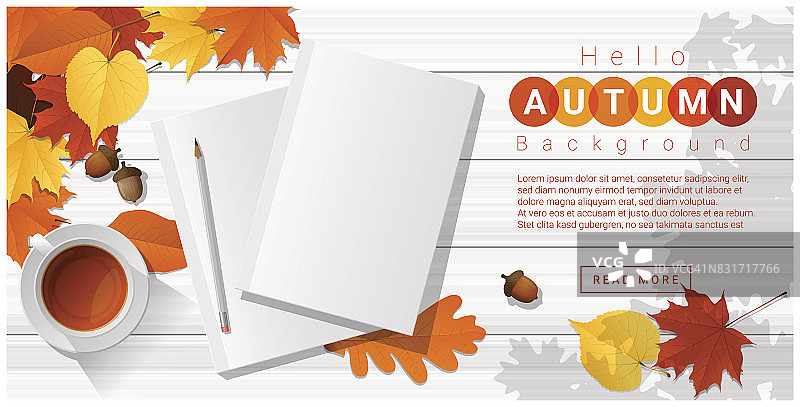 你好秋季与空白笔记本木制板背景，矢量，插图图片素材