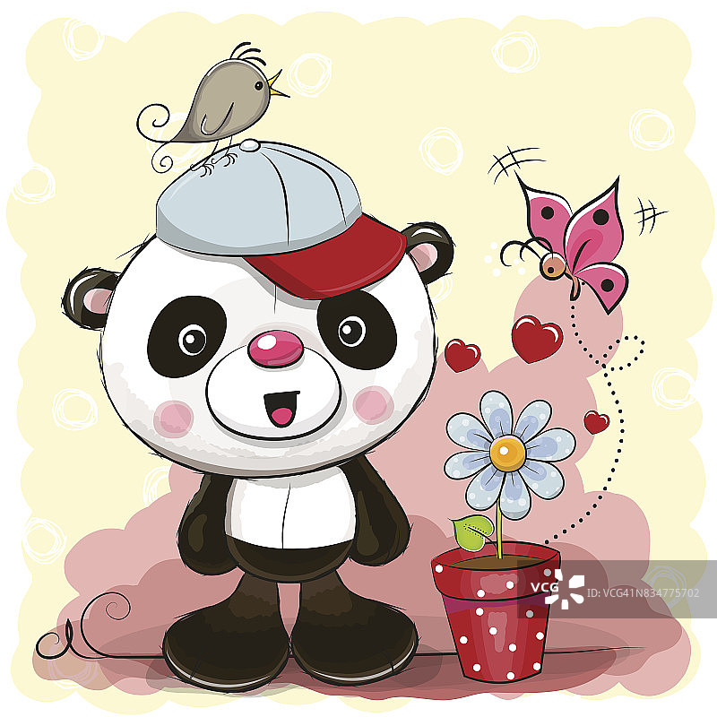 可爱的卡通熊猫和花图片素材