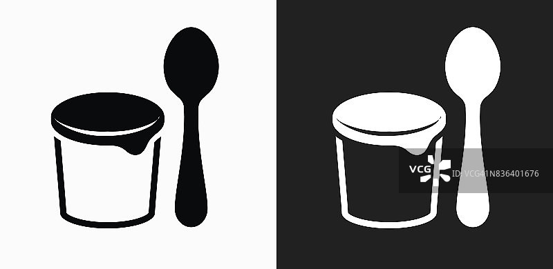 酸奶和勺子图标上的黑白矢量背景图片素材