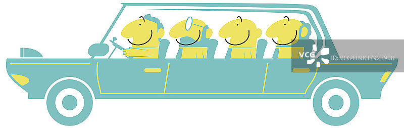 拼车，共享经济，四个微笑的商人(男人)在一辆车(开车)图片素材