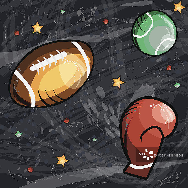 卡通风格的运动概念艺术。手绘背景，球为美式足球和网球和拳击手套的设计。矢量图图片素材