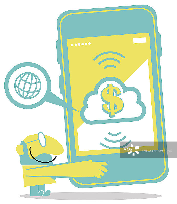 电子商务，电子钱包，微笑的商人与一个巨大的智能手机与美元符号云应用程序图片素材