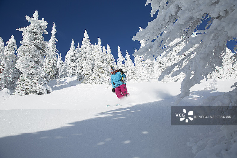 在蒙大拿州白鱼滑雪时，一名女子正在享受阳光灿烂的粉身粉日图片素材