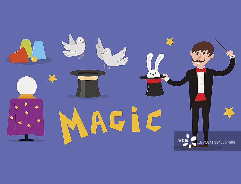 魔术师变戏法者，变戏法者，变戏法者，魔术师角色，戏法变戏法者矢量插图魔术魔术师表演卡通人图片素材