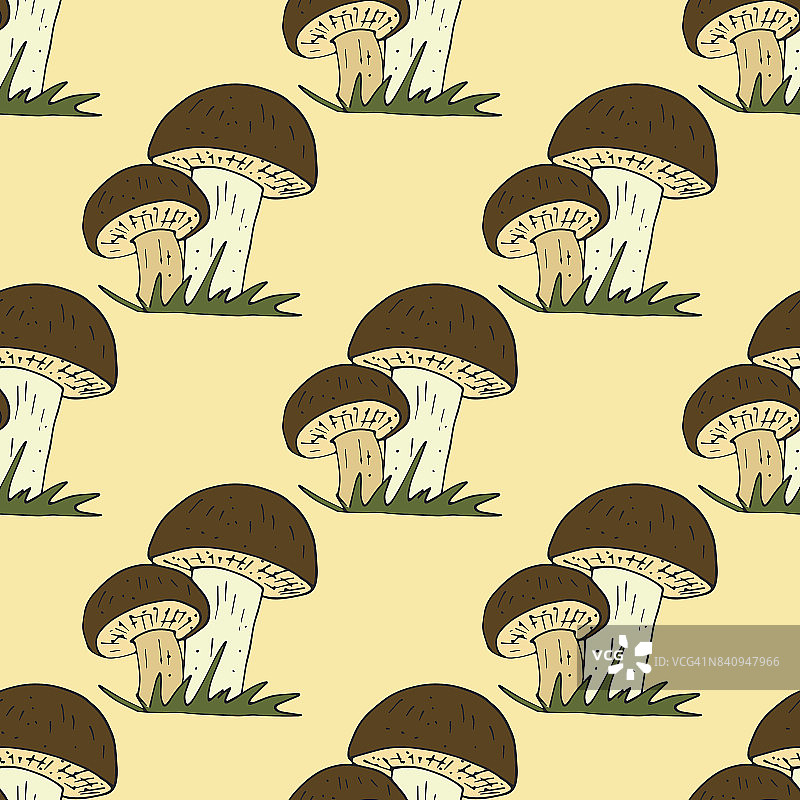 矢量涂鸦风格无缝模式与森林蘑菇图片素材