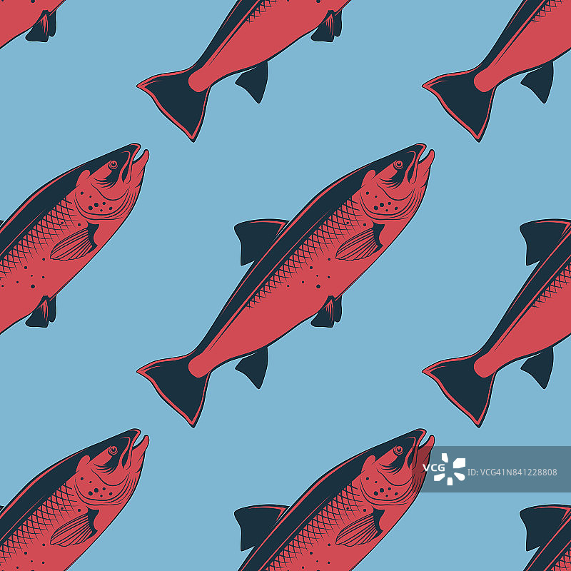 海鲜无缝模式与粉色鲑鱼，矢量插图图片素材