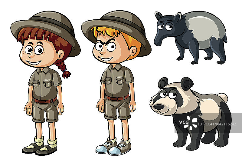 男孩和女孩穿着狩猎服，还有熊猫和貘图片素材