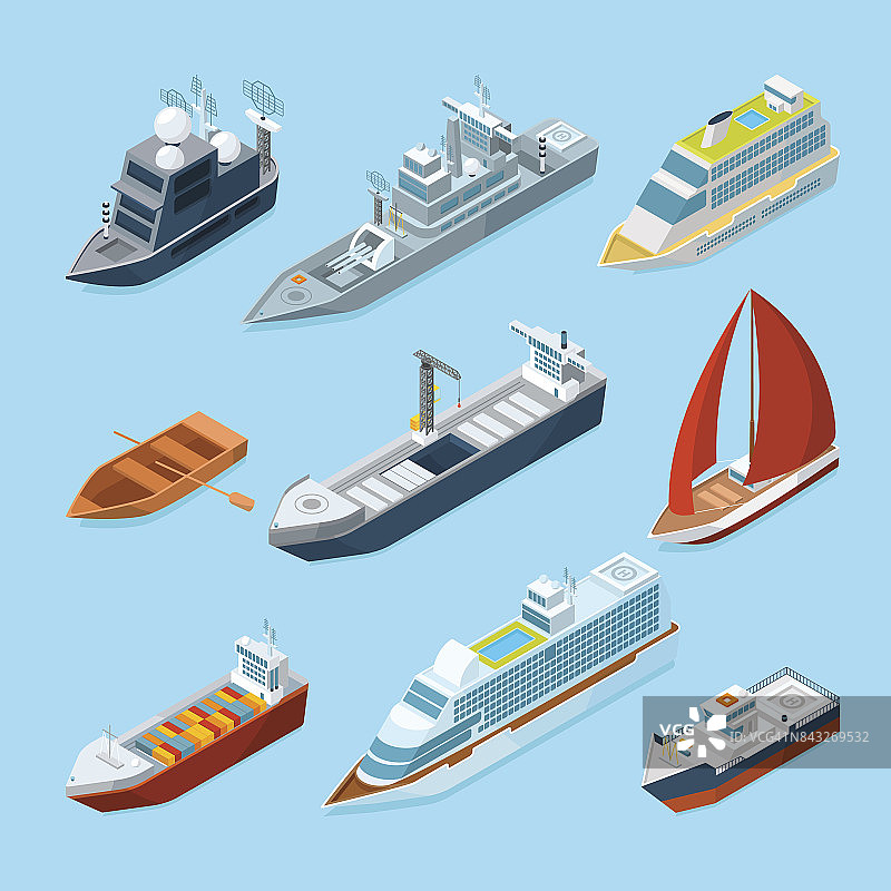 等距客船和港口内不同的船只。海洋的插图图片素材