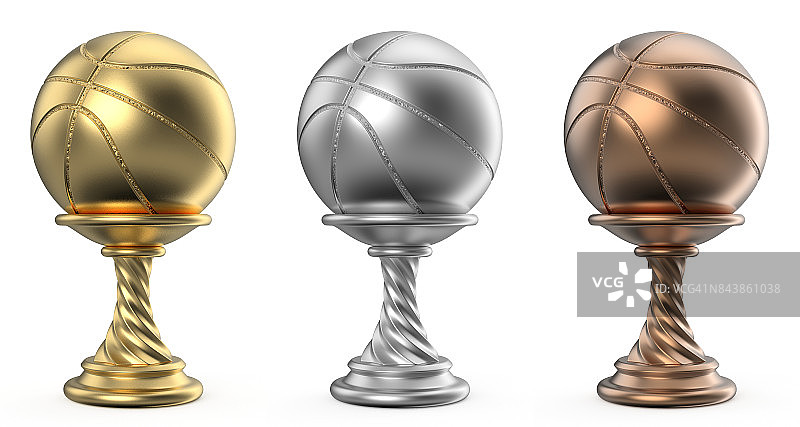 金，银和铜奖杯篮球3D图片素材