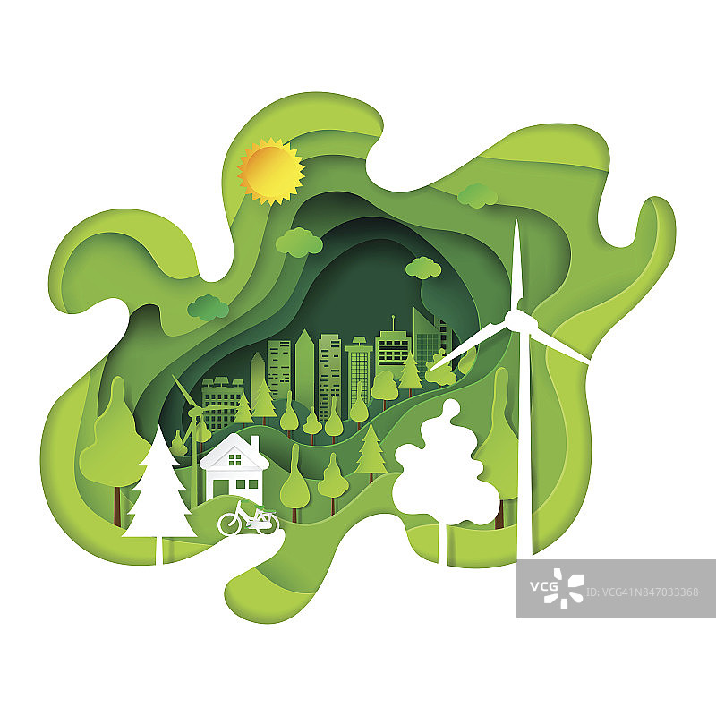 绿色生态城市抽象纸艺术背景图片素材