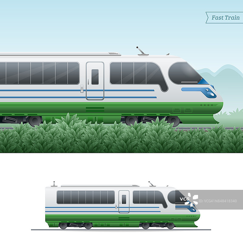 高速列车在山区背景+孤立在白色背景。图片素材