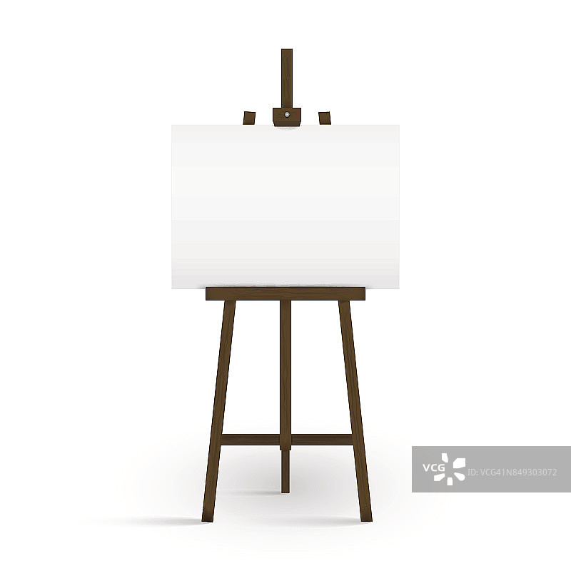 画家画架上的空白画布。空白画板和木制画架孤立在白色背景上。矢量插图。图片素材