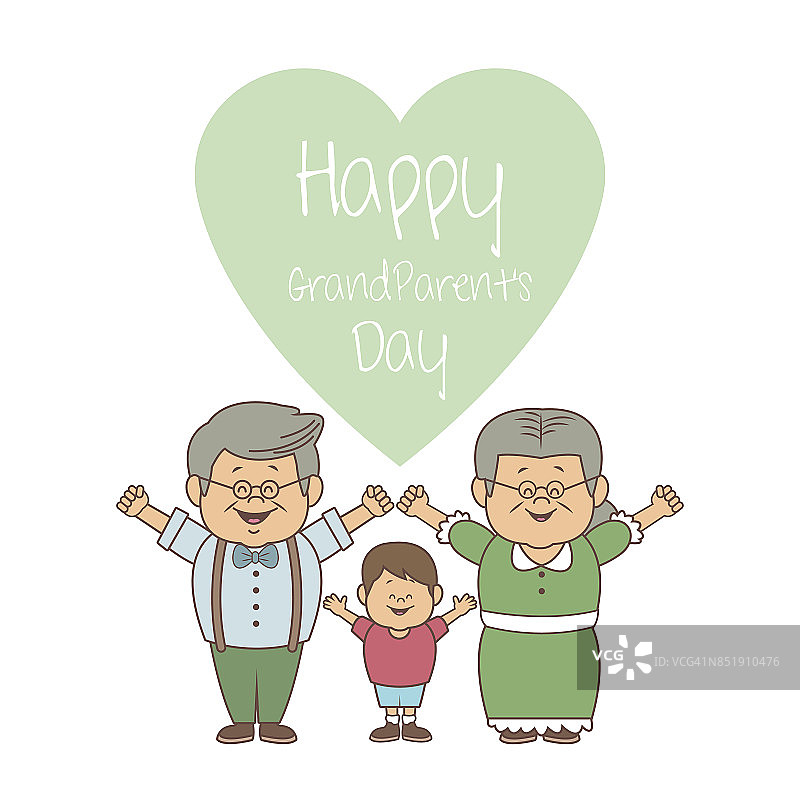 白色背景的老人夫妇和小男孩举起双手祝爷爷奶奶节日快乐图片素材