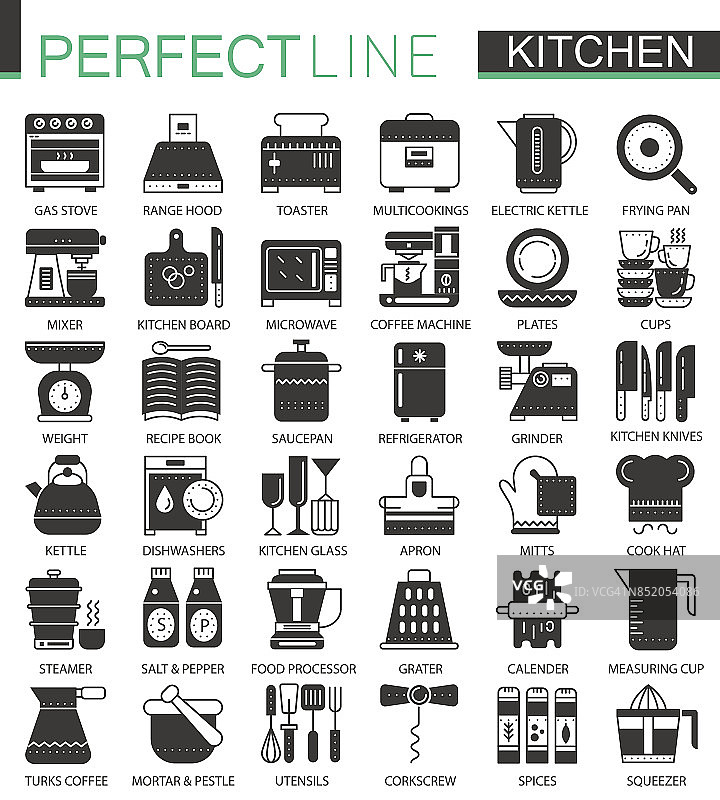 经典的黑色烹饪和厨房迷你概念符号。向量烹饪现代图标象形图插图集。图片素材