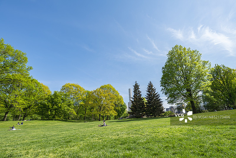 春天的纽约中央公园，人们在被新鲜的绿树环绕的草坪上放松。图片素材