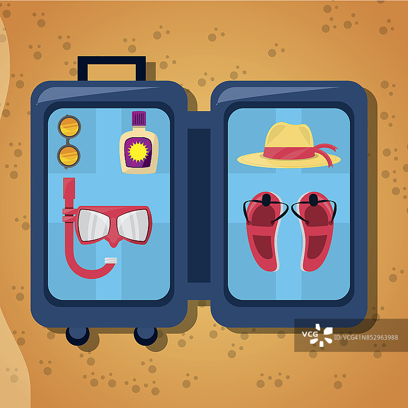 打开行李，戴上太阳镜、口罩、防晒霜、帽子和凉鞋，遮住沙子图片素材