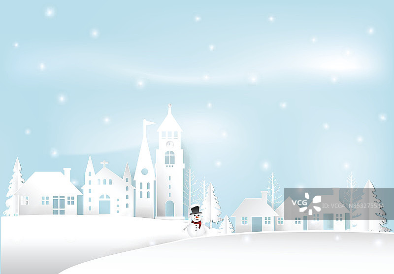 寒假的雪和雪人在城市城镇蓝天的背景。图片素材