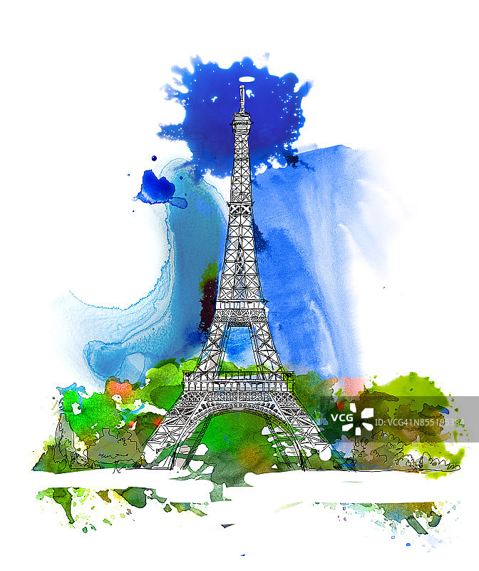 巴黎埃菲尔铁塔速写，色彩丰富的水彩速写图片素材