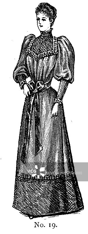 19世纪女性高领羊腿袖的服饰时尚盘;维多利亚时代的服装和最新时装1893年图片素材