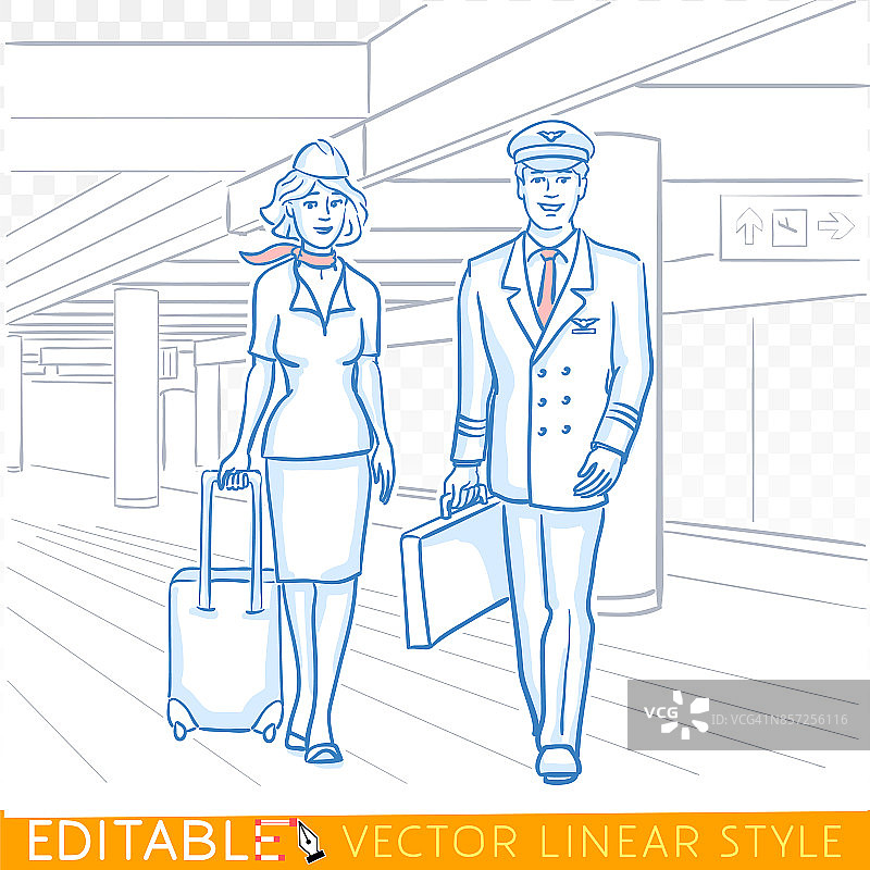 飞行员和空姐。机场民航机组人员。可编辑的草图在蓝色墨水风格。手绘涂鸦矢量插图。图片素材