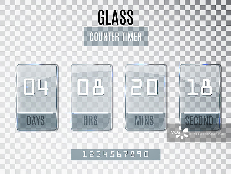 玻璃计数器定时器隔离在透明的背景。折扣和促销的开始和结束日期模板。时钟计数器。图片素材
