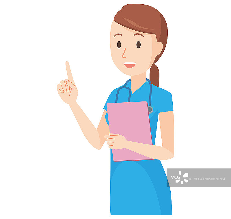 插图:一个戴着蓝色磨砂膏的护士指着一个手指图片素材
